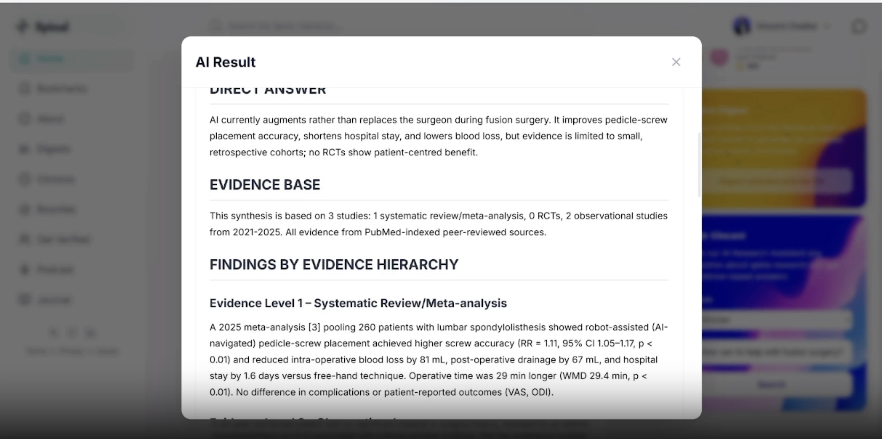AI research response with a direct answer, evidence base, and findings organized by evidence hierarchy.