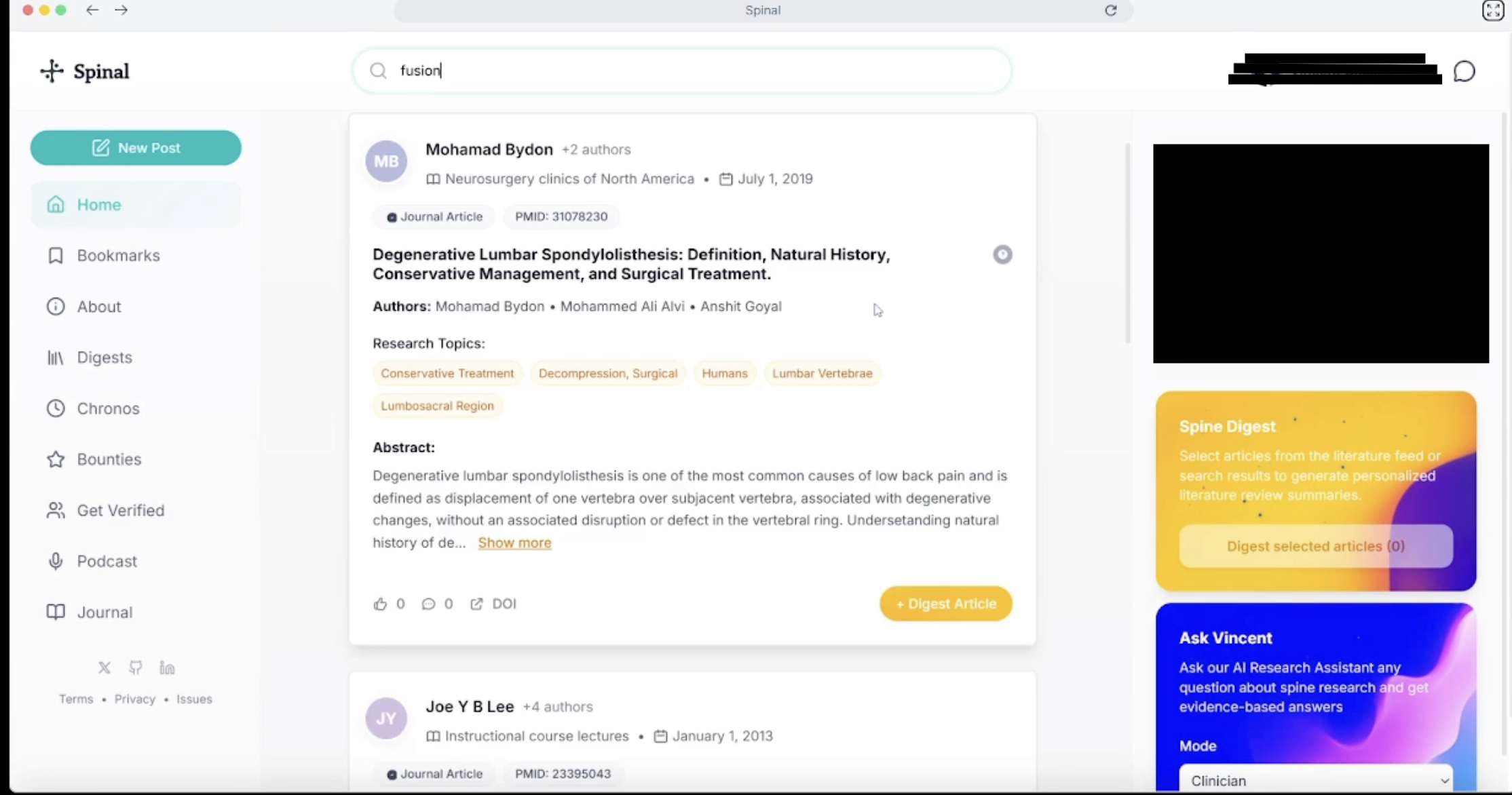 Spinal journal interface with published spine research, article details, and the Ask Vincent AI research assistant, with account and contributor information redacted.
